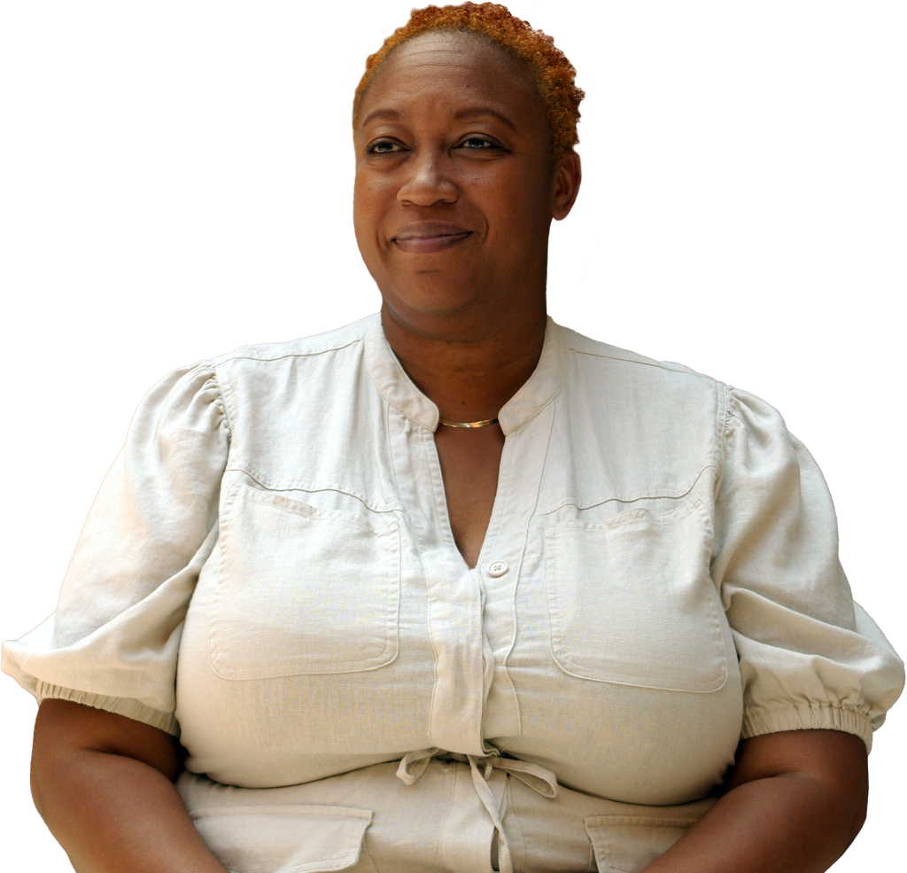 Portrait of Sonja Forte, Executive Director of Baxter Community Center, in front of a colorful geometric background.