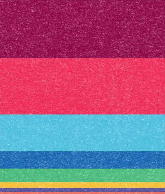 Colorful horizontal stripes in magenta, pink, light blue, royal blue, green, yellow, purple, and red with a textured pencil-sketch finish