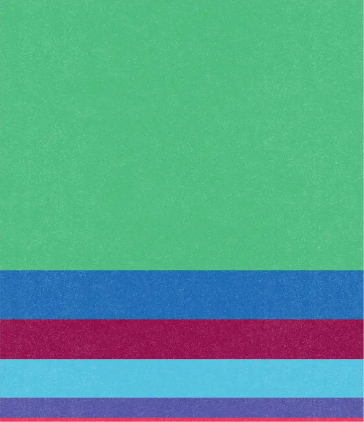Vibrant color blocks stacked vertically: large green field above blue, maroon, light blue, purple, and red bands.