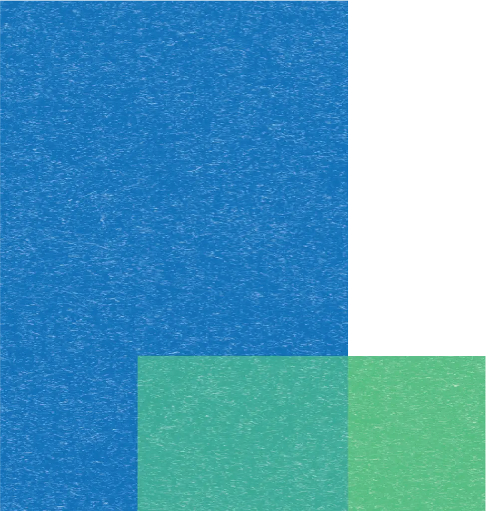 Blue rectangle with green squares below, textured abstract design on white background